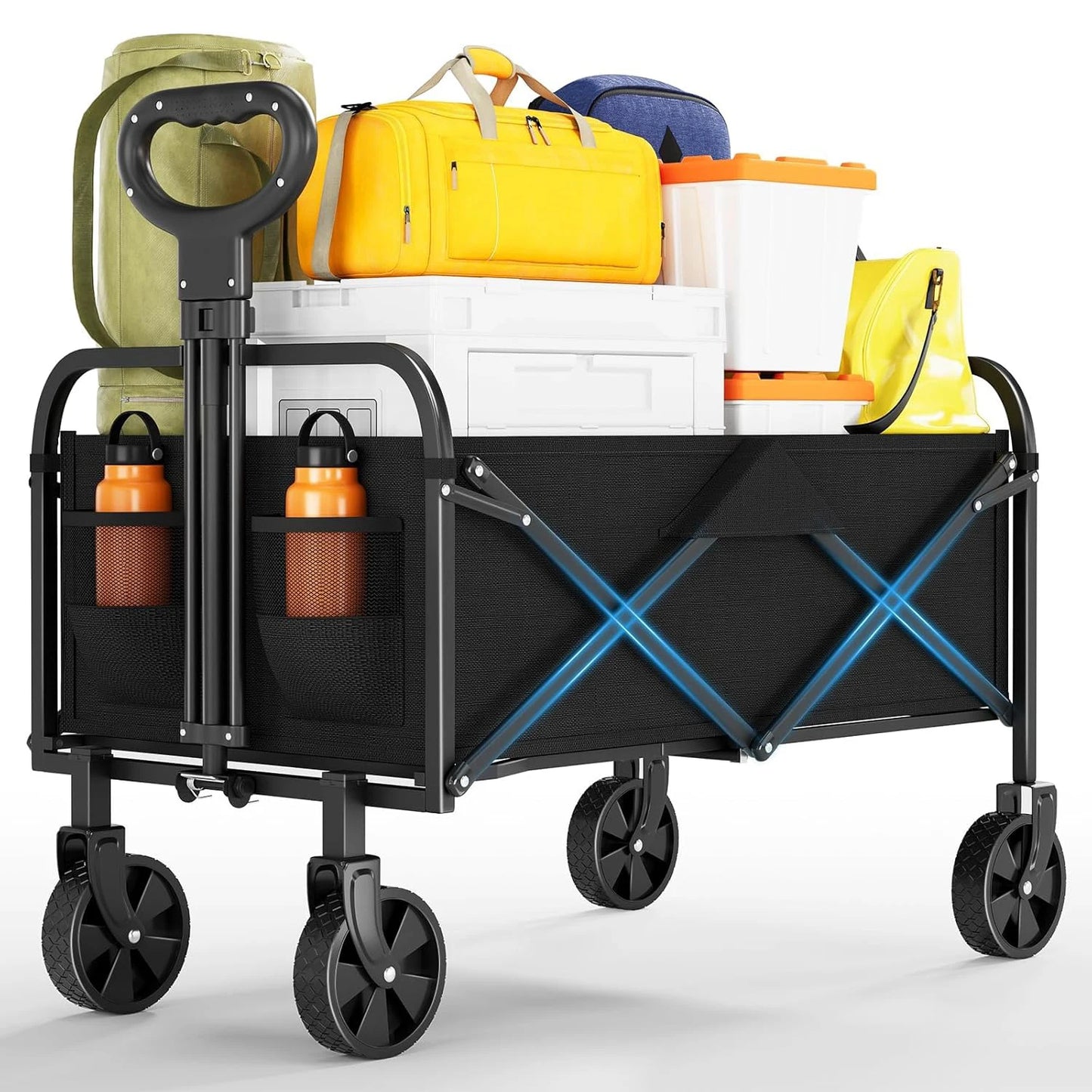 Foldable Utility Wagon With All Terrain Wheels And Drink Holders
