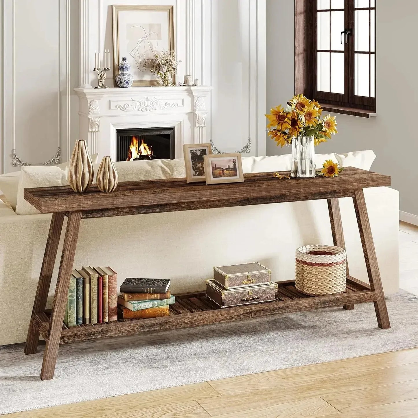70.9 Inches All Wood Console Table for Entrance, 2 Tiers Narrow Long Behind Couch Sofa Table for Hallway, Living Room, Brown