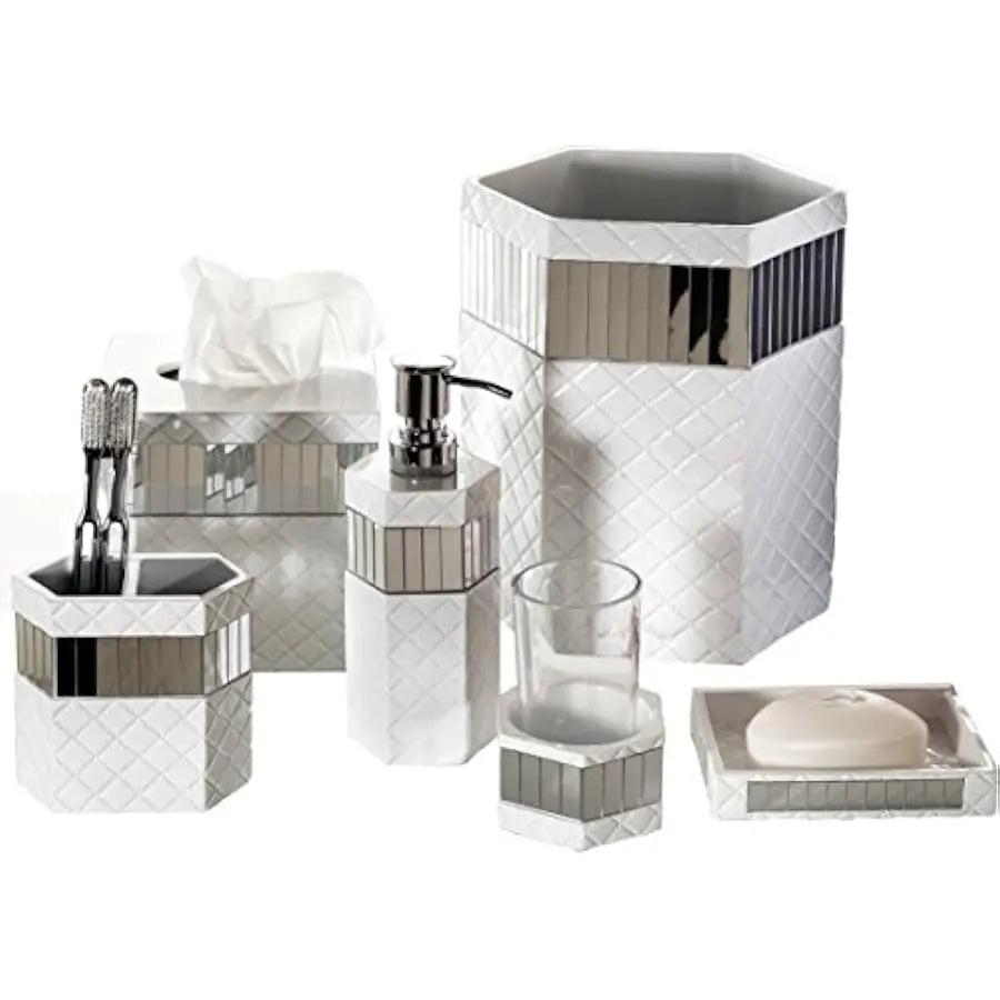 Quilted Mirror Bathroom Accessories Set With Trash Can Tissue Box
