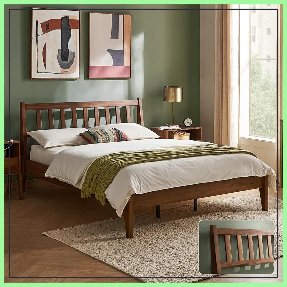 Solid Acacia Wood Platform Bed Frame, Mid Century Modern, Easy Assembly