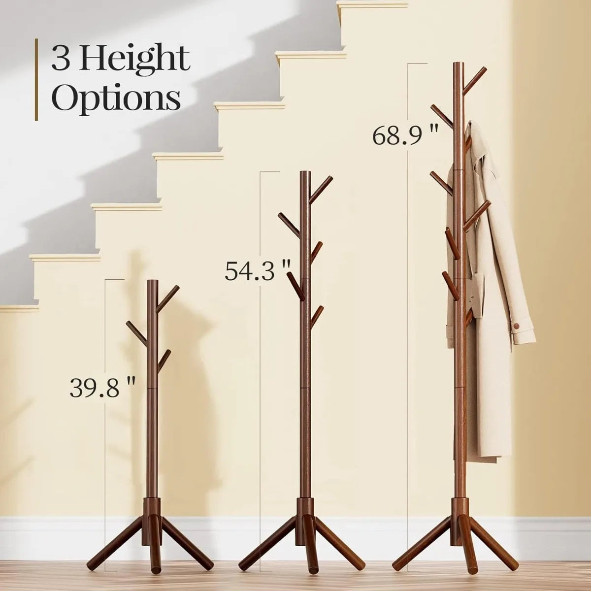 XIUWO Height Adjustable Wooden Coat Tree With 8 Hooks