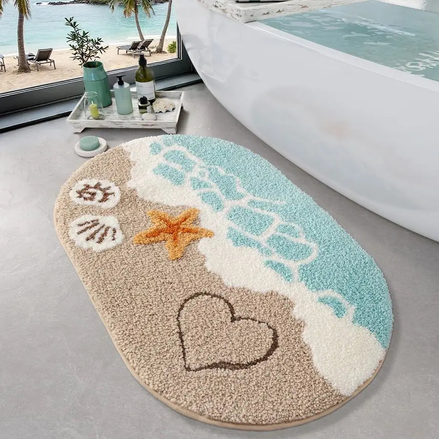 Soft and Absorbent Beach Bathroom Rug, NonSlip Backing, Ideal for Bathroom, Kitchen and Entryway Decor, Sea Beach Starfish Shell