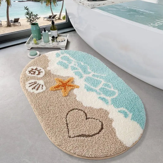 Soft and Absorbent Beach Bathroom Rug, NonSlip Backing, Ideal for Bathroom, Kitchen and Entryway Decor, Sea Beach Starfish Shell