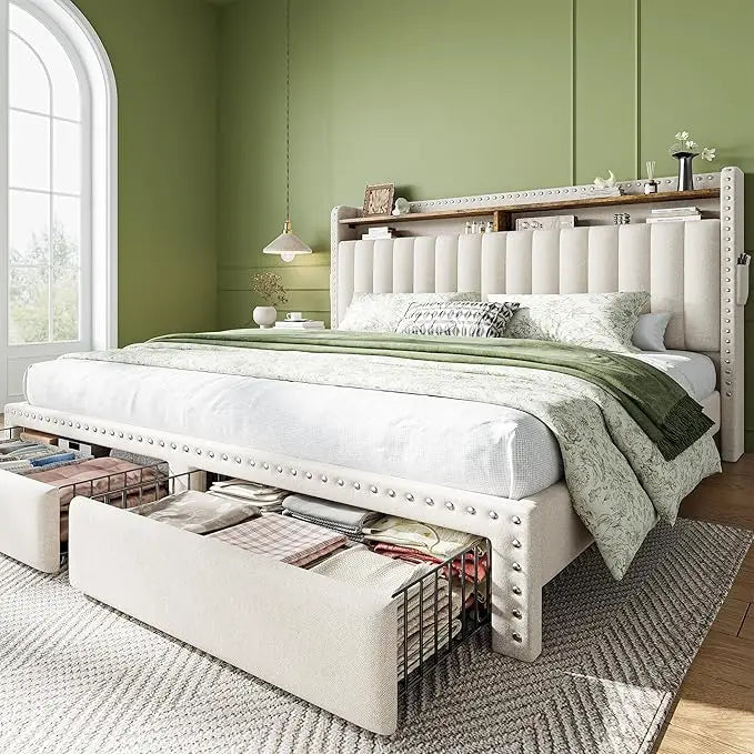 King Platform Bed Frame With Storage Drawers And Headboard Shelf