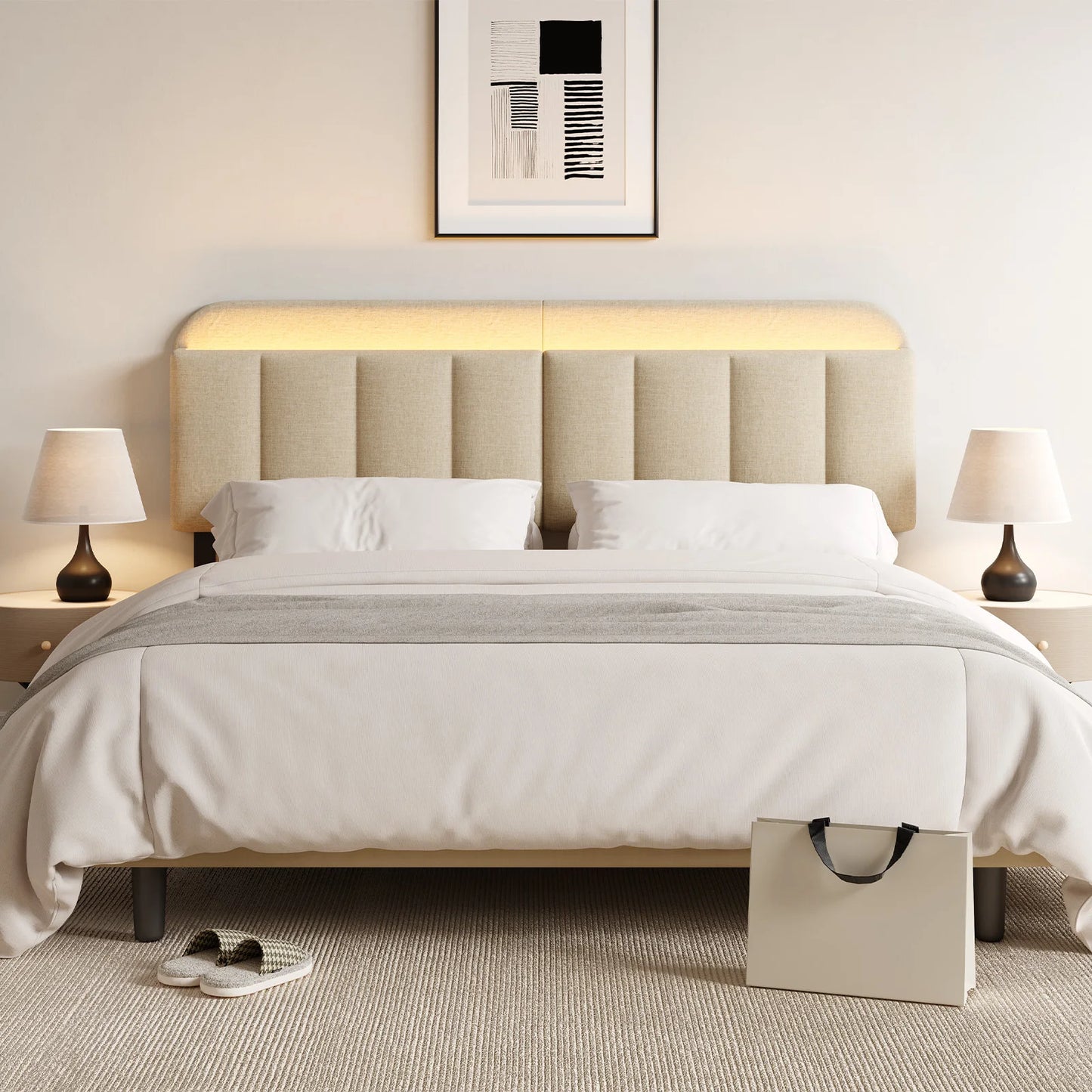 ONBRILL Adjustable Linen Headboard With RGB LED Light And Storage