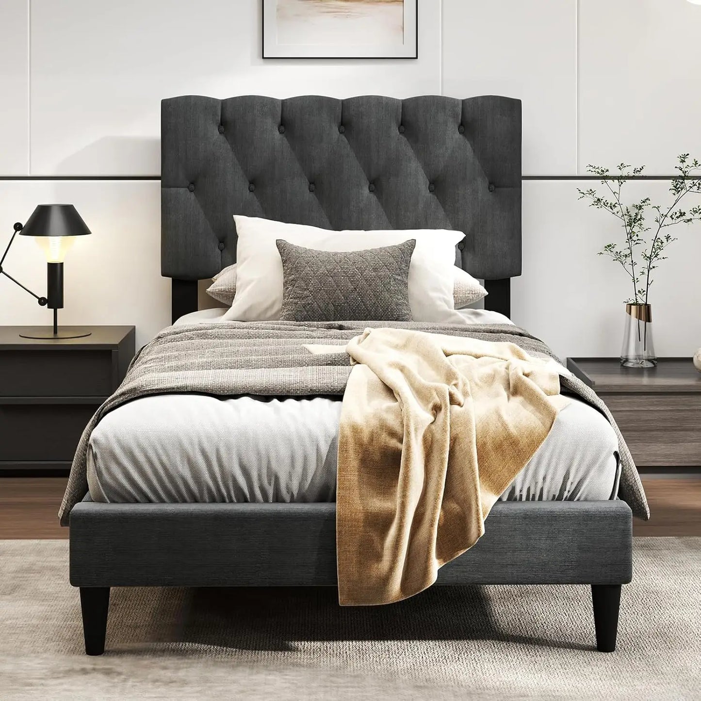 Modern Upholstered Platform Bed Frame with Diamond Tuft Headboard