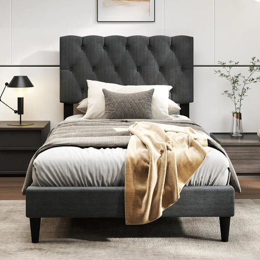 Modern Upholstered Platform Bed Frame with Diamond Tuft Headboard