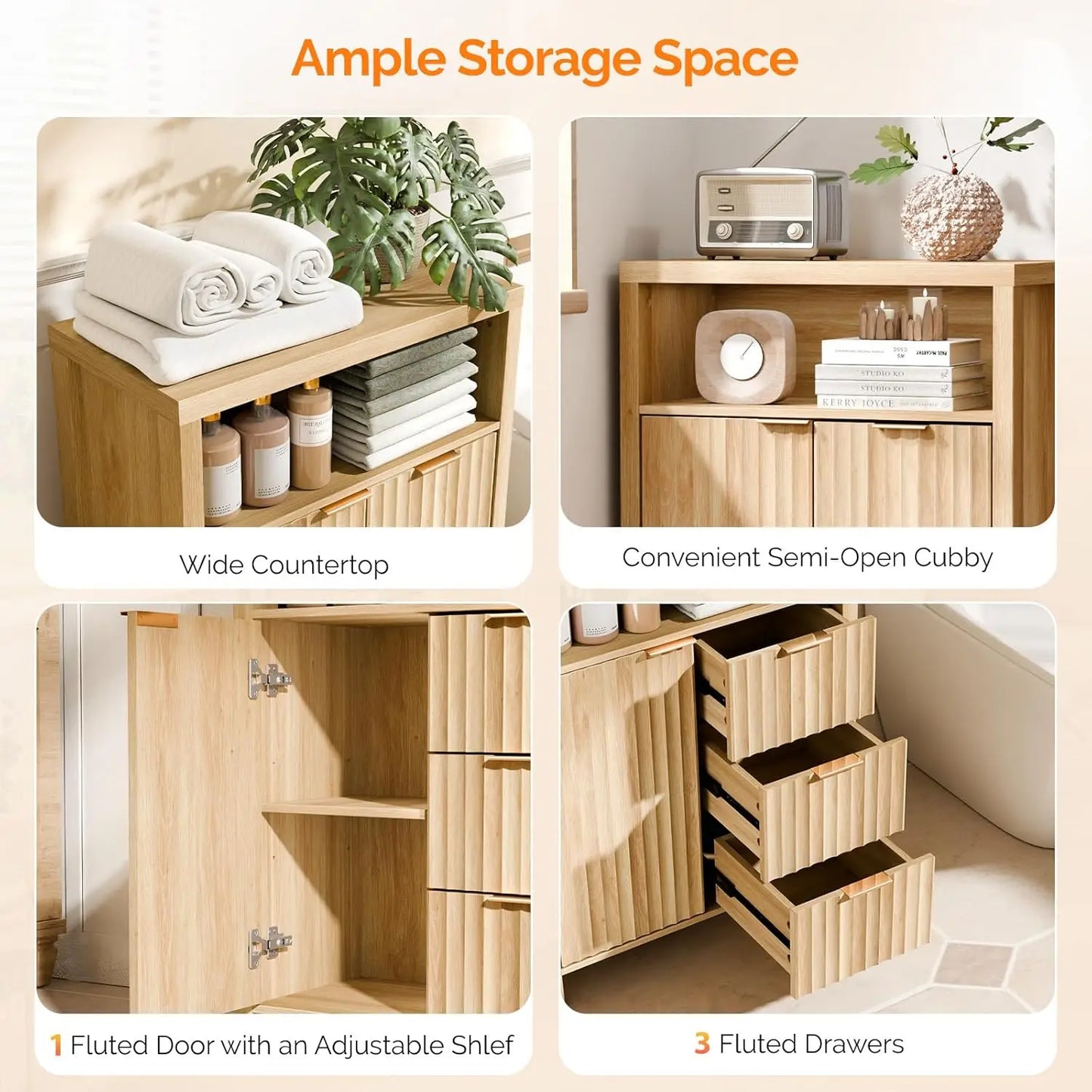 Fluted Bathroom Floor Storage Cabinet with Fluted Door 3 Drawers,Modern 12 Inch Deep Short Bathroom Storage Cabinet, Customized