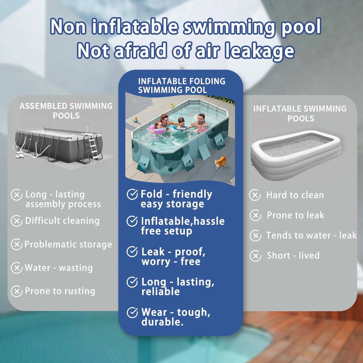 Foldable Rectangular Family Pool With Easy Setup Outdoor Use