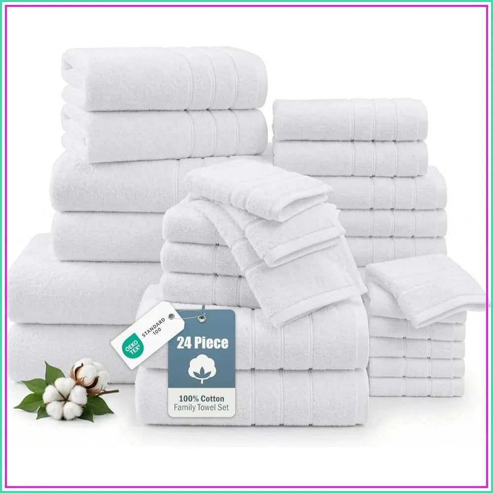 24 Piece Cotton Towel Set For Bathroom Absorbent Soft Towels