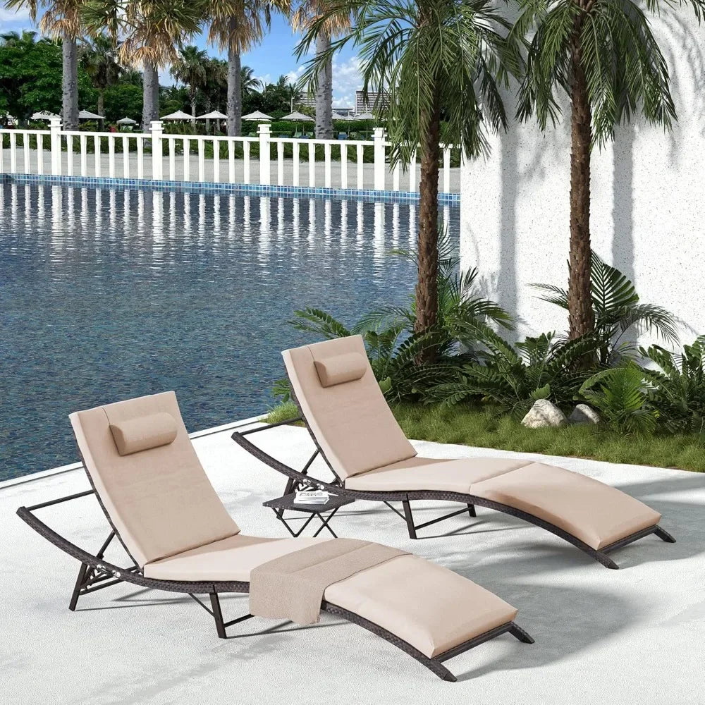 Patio Chaise Lounge Sets Outdoor Rattan Adjustable Back 3 Pieces Cushioned Patio Folding Chaise Lounge with Folding Table