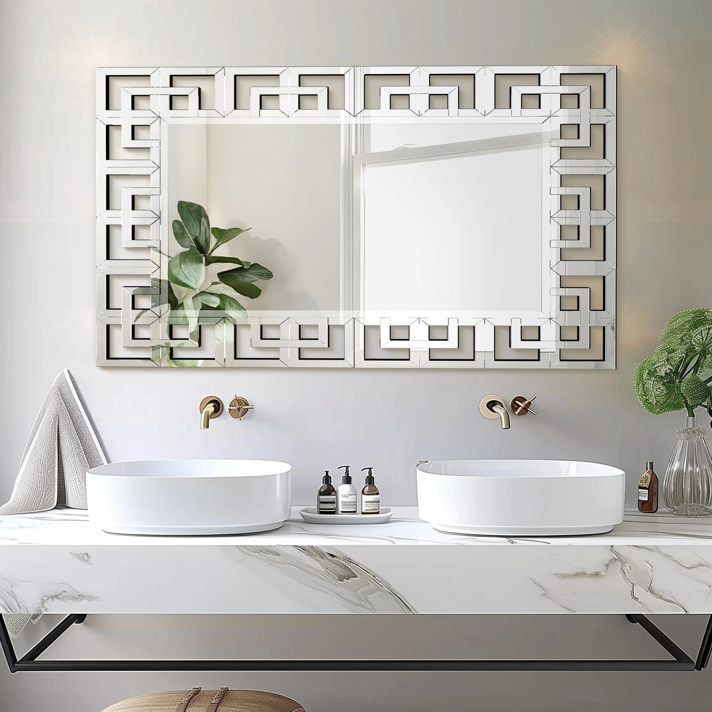 Rectangle Silver Venetian Art Mirror With Beveled Edge Wall Mount