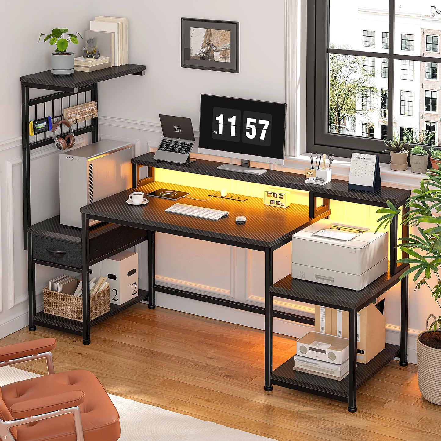 EnHomee 55 Inch Gaming Desk With Power Outlets And Storage