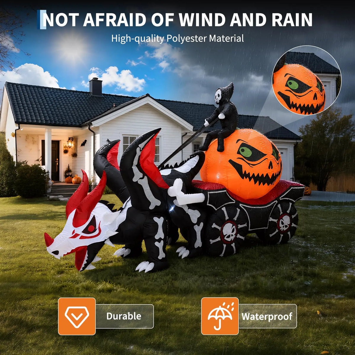 HiMISS Grim Reaper Dragon Carriage Halloween Inflatable Yard Decoration