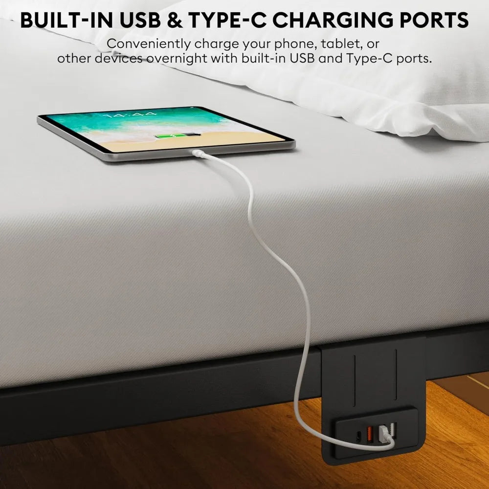Full Size Bed Frame with LED Lights, Charging Station & Under Bed Storage - Heavy Duty Metal Platform, Easy Assembly, Black