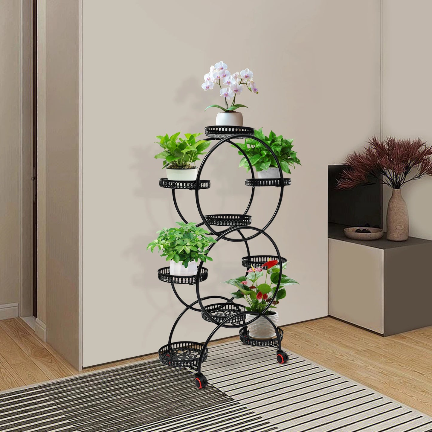 6-Tier 9-Pot Metal Plant Stand 148LBS Total Load 360° Universal Wheels Hollow Tray For Indoor Outdoor Patio Garden