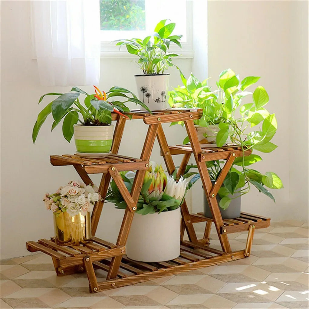Six Tier Wood Plant Stand for Corner Display Indoor Use