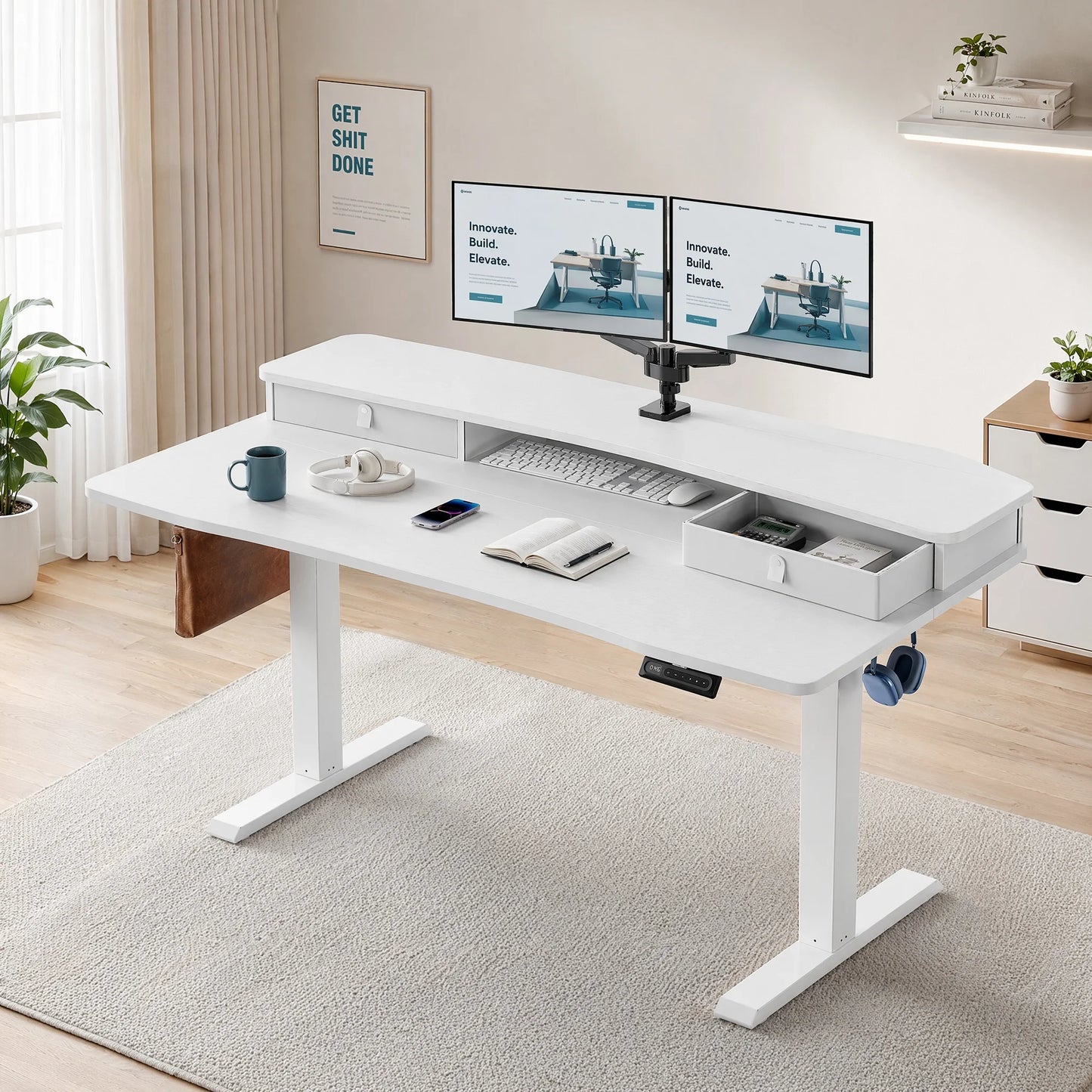 K Kyspho Electric Standing Desk With Two Drawers And Hooks