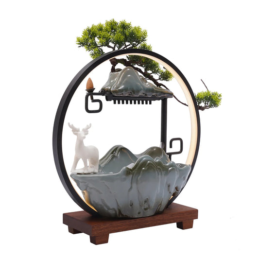 Ceramic Tabletop Fountain With LED Deer Figurine And Pine Branches