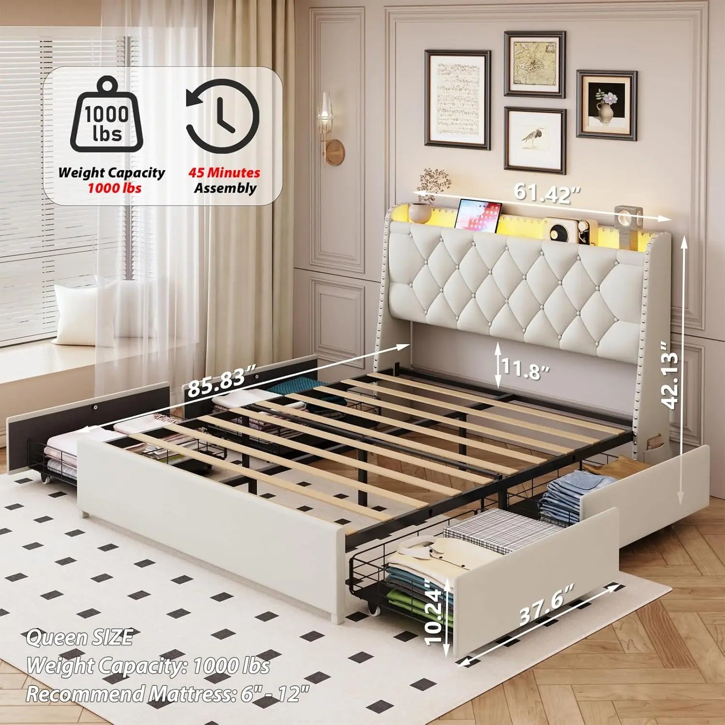 Bed Frame With 4 Drawers Storage Headboard LED Lights USB
