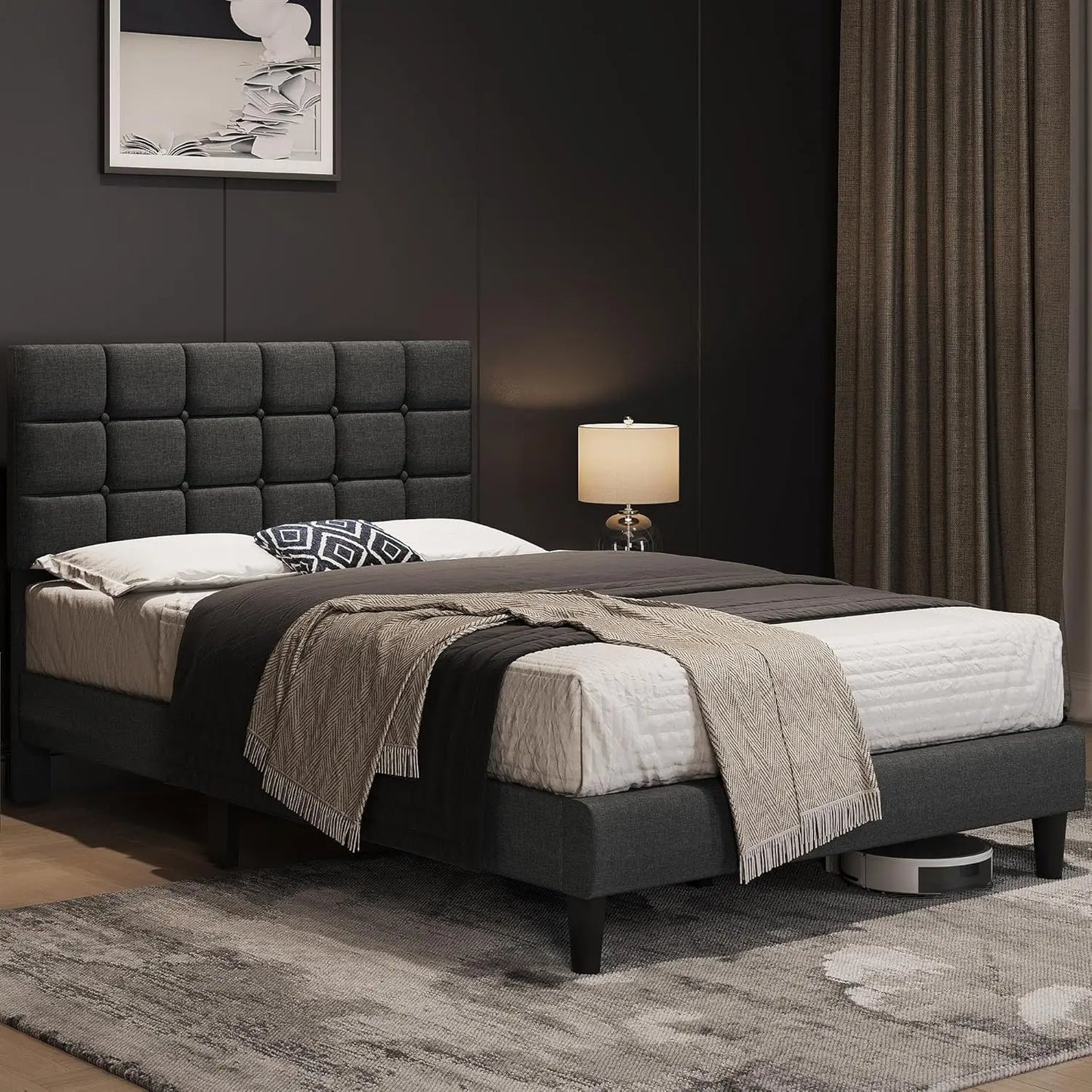 Upholstered Bed Frame With Adjustable Headboard And Square Tufting