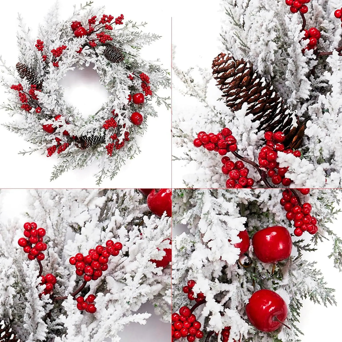 Snow Flocked Christmas Pine Wreath With Red Berries And Pinecones