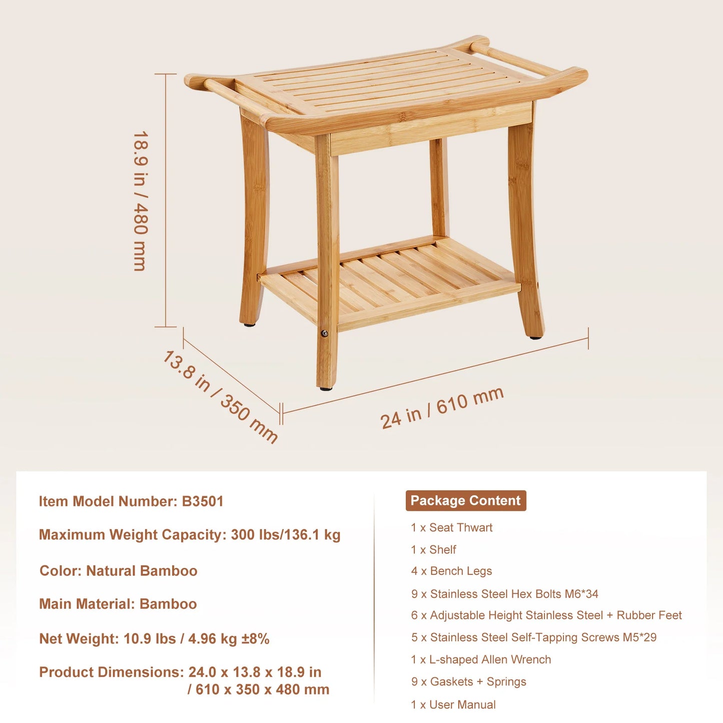 SucceBuy Bamboo Shower Bench With Storage Shelf Waterproof Spa Seat