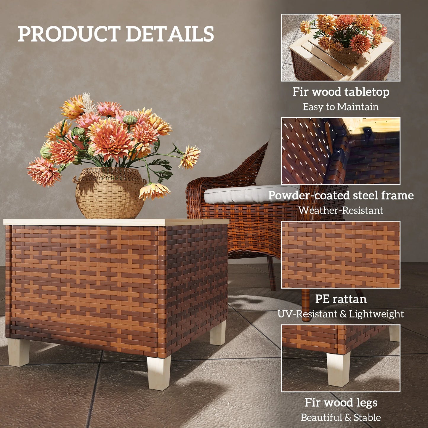 Outdoor Side Table With PE Rattan And Wood Top Patio