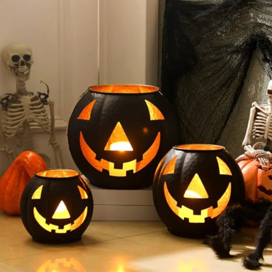 Halloween Metal Jack O Lantern Decor Set With LED Candles