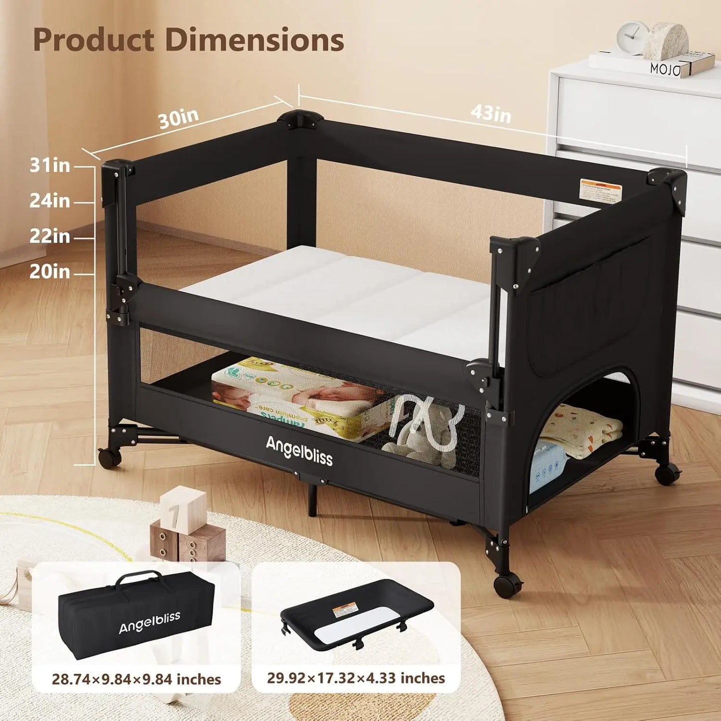 Portable Baby Bassinet Bedside Crib With Mattress And Diaper Changer