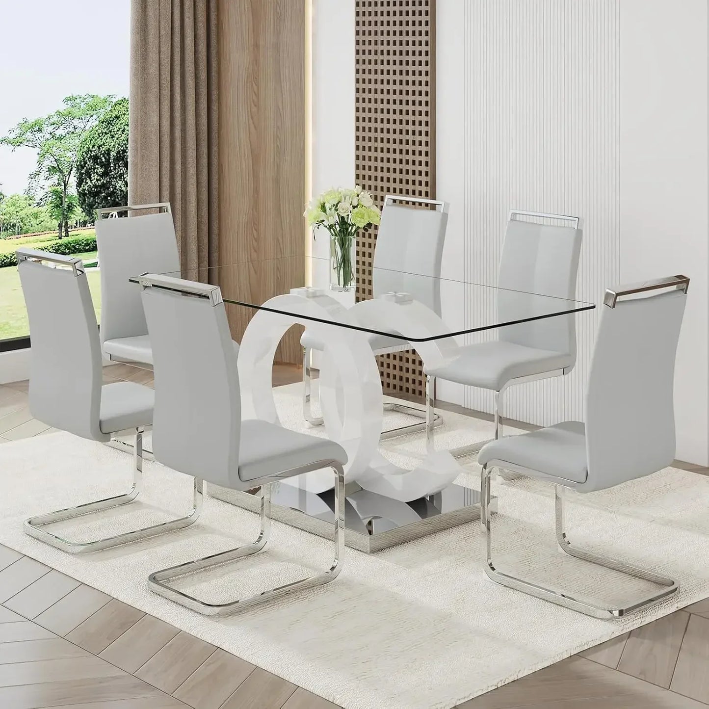 Glass Dining Table Set With Tempered Glass Top PU Chairs