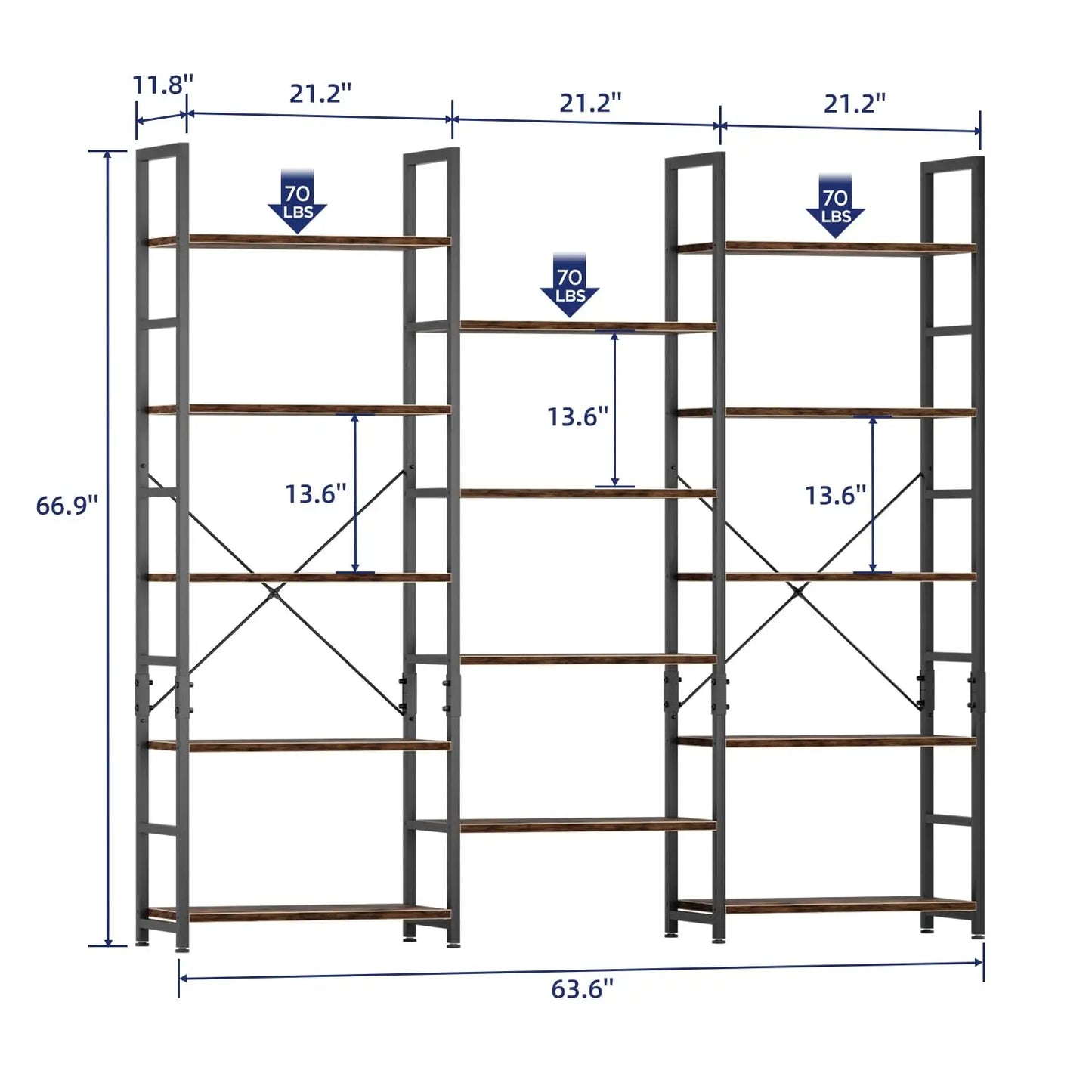 Wide 5 Tier Triple Bookshelf With 14 Open Display Shelves