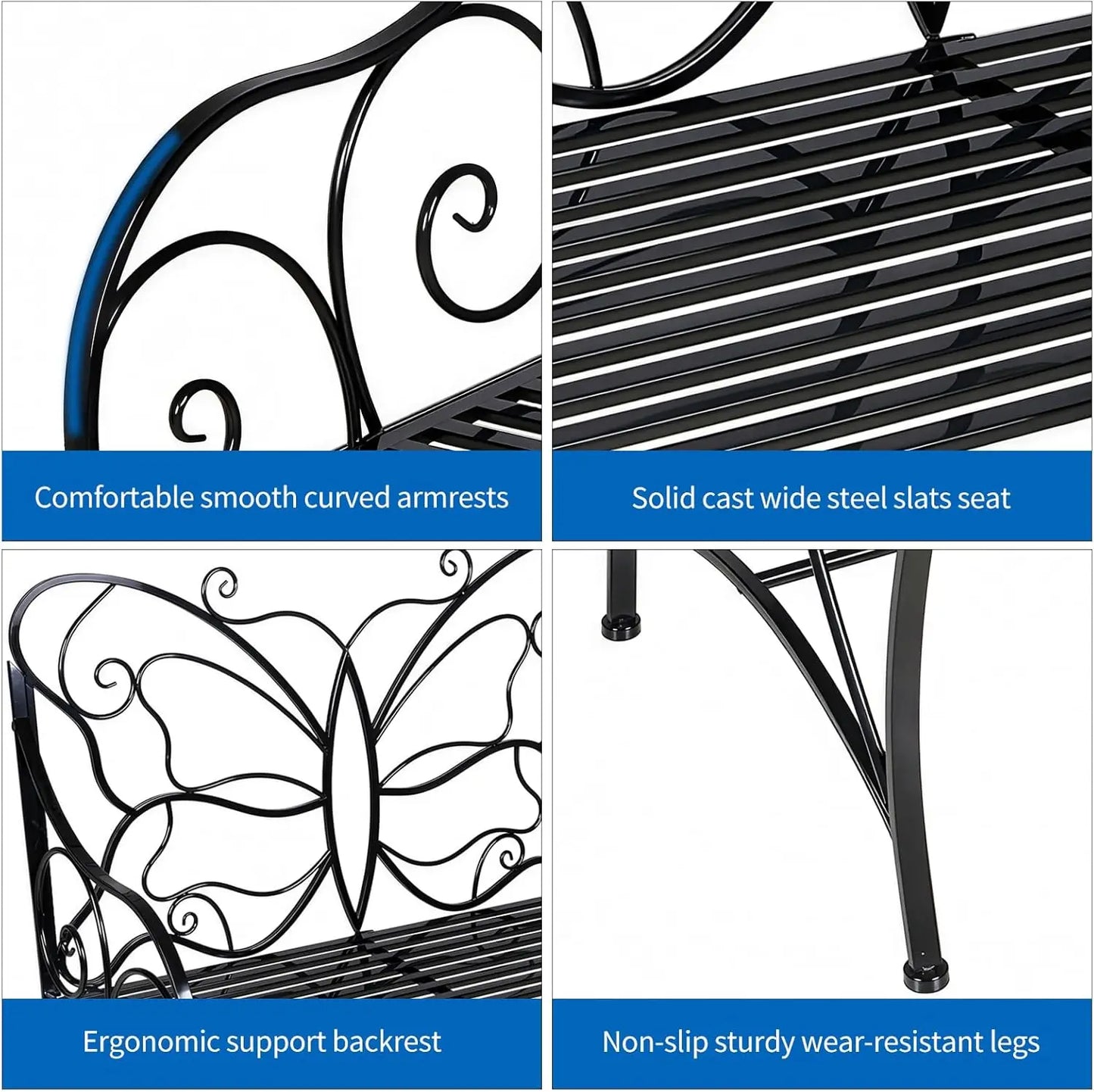 Outdoor Butterfly Bench With Armrests Rust Resistant Cast Iron
