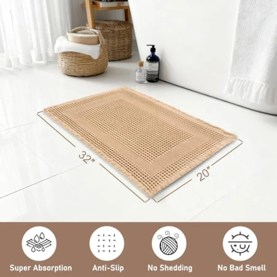 Waffle Bath Mat Absorbent Non Slip Bathroom Rug With Tassels
