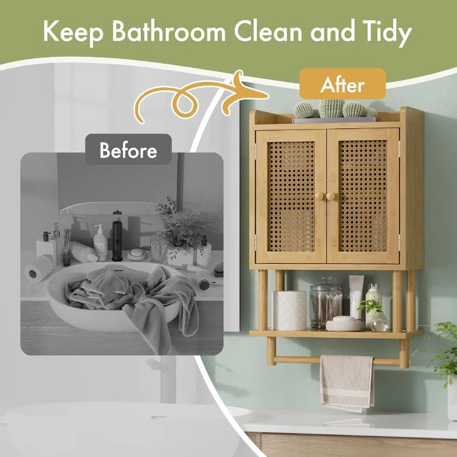 XIUWO Bamboo Bathroom Wall Cabinet With Towel Bar And Storage