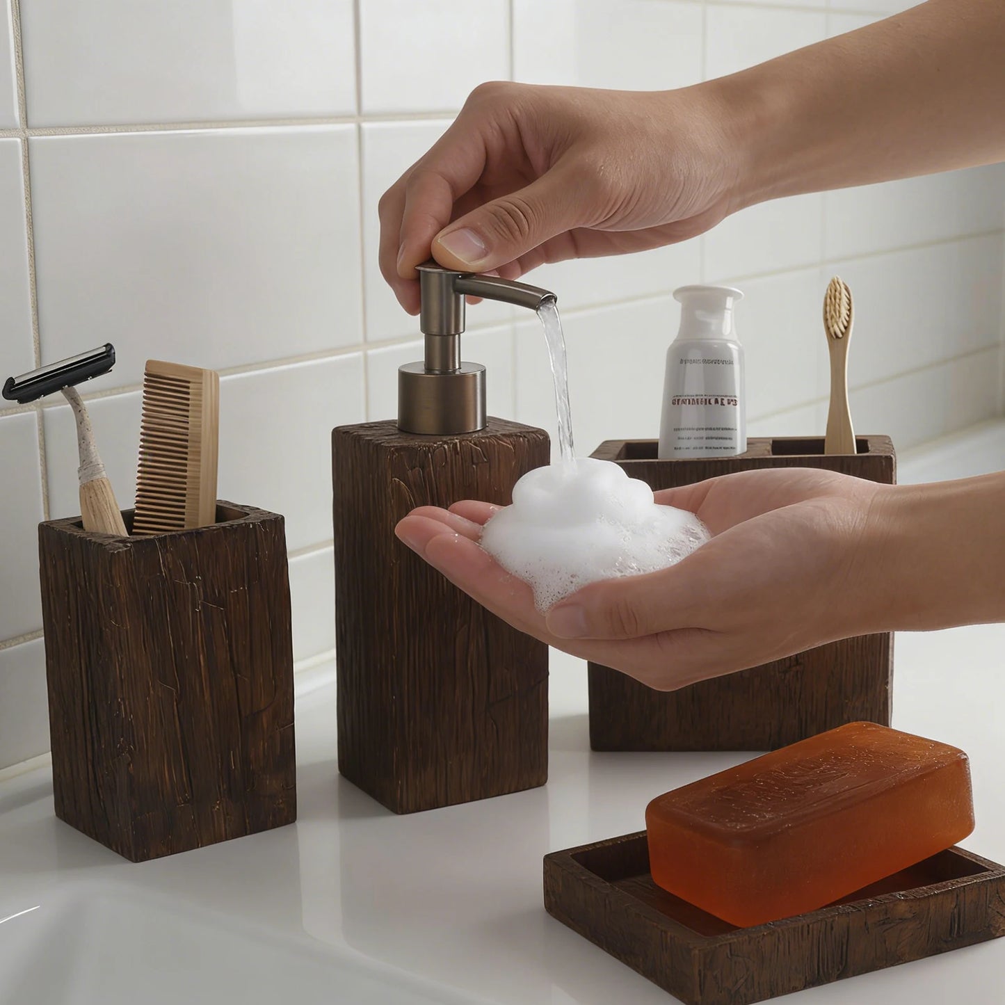 4-Piece Bathroom Accessory Set With Textured Lotion Dispenser