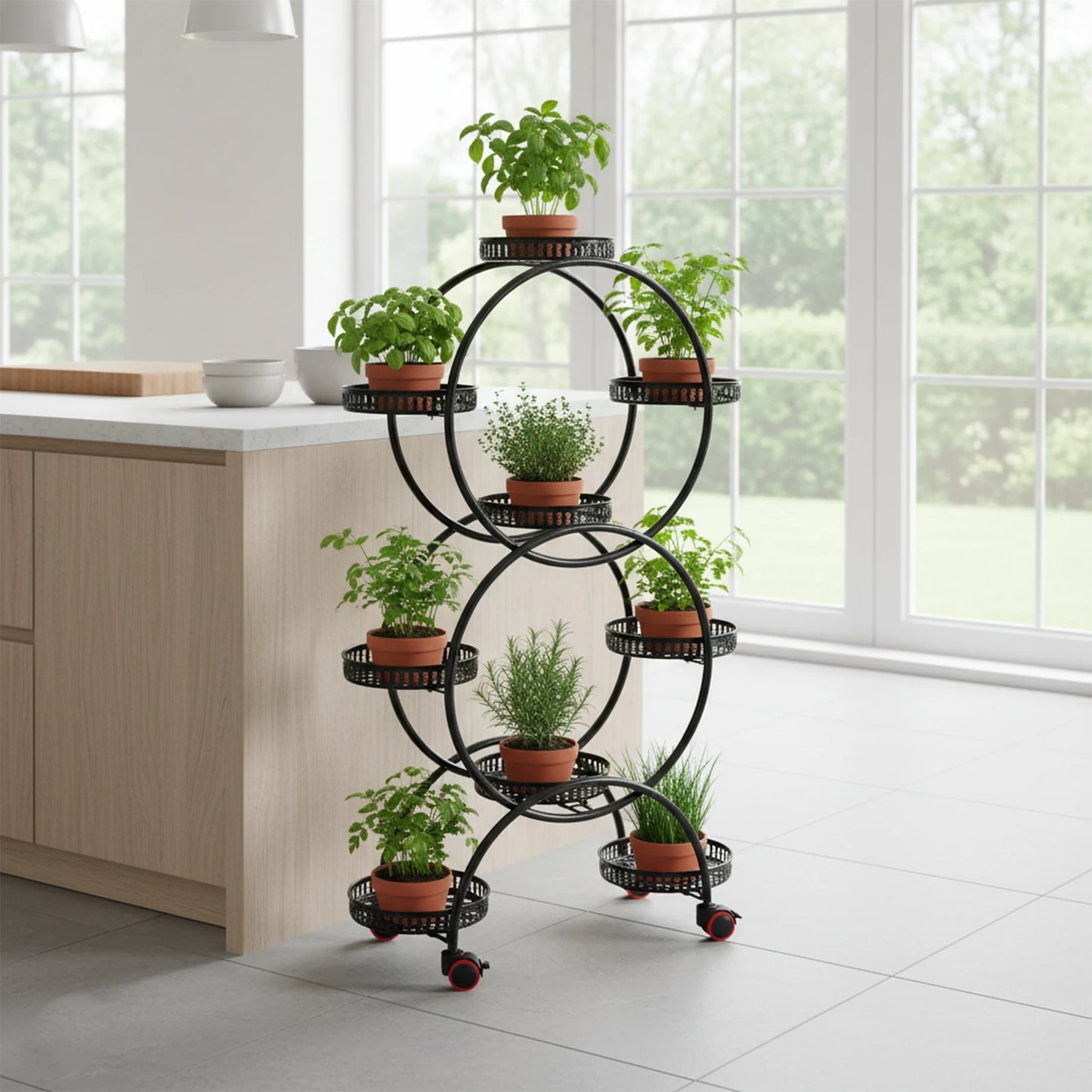 6-Tier 9-Pot Metal Plant Stand 148LBS Total Load 360° Universal Wheels Hollow Tray For Indoor Outdoor Patio Garden