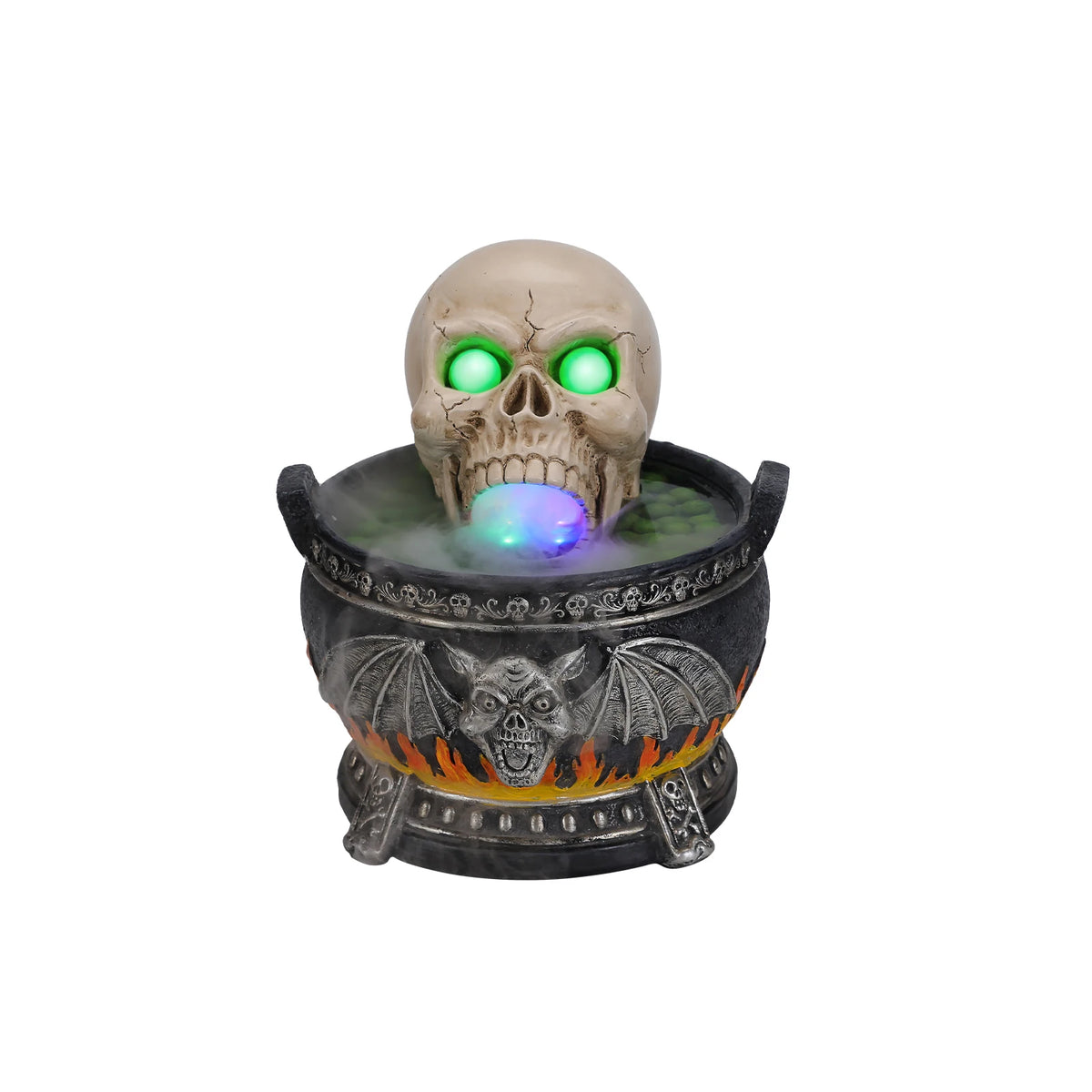 Halloween Skull Cauldron Statue With LED Light And Fog Effect