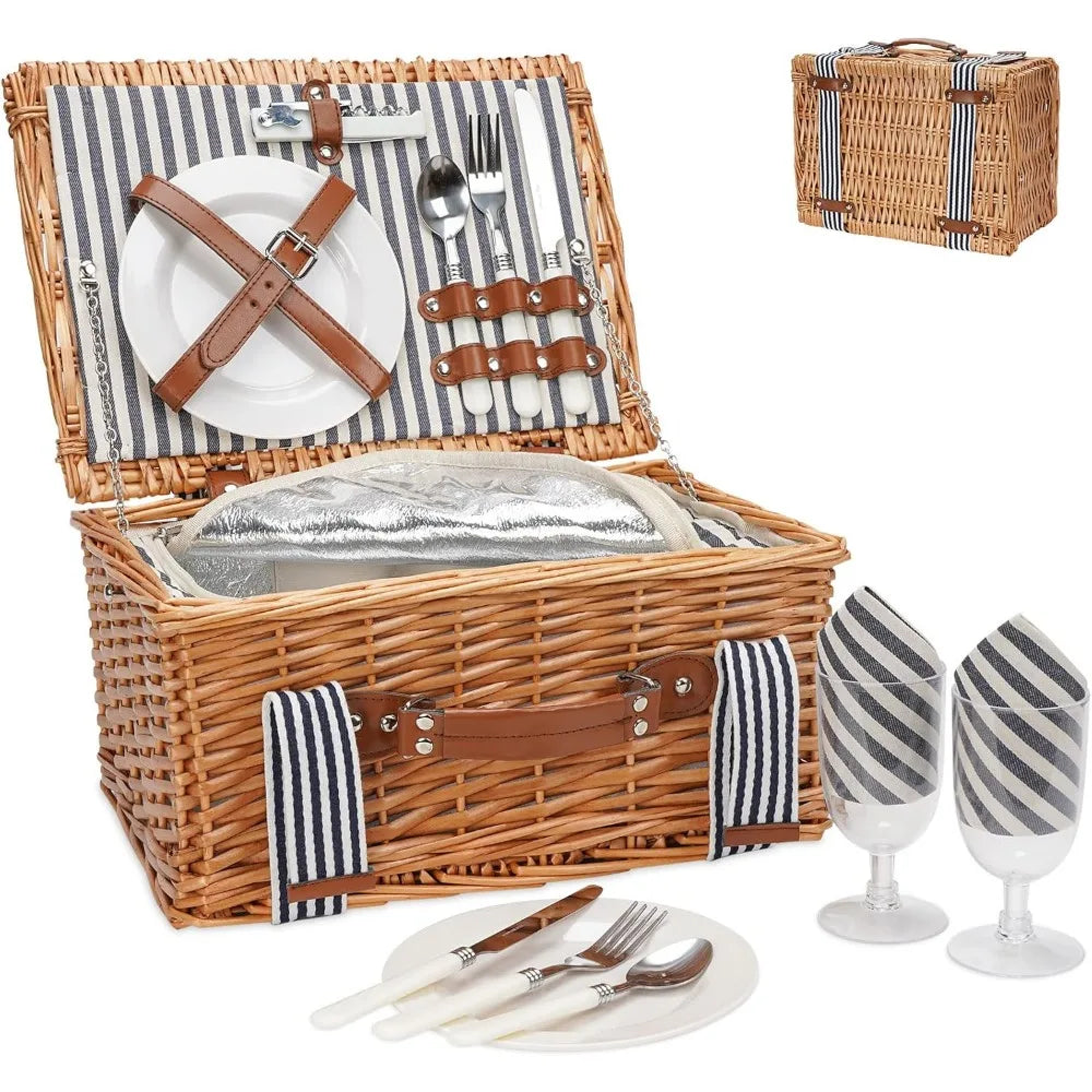 NBVCX Handmade Wicker Picnic Set For Two With Insulated Cooler And Cutlery