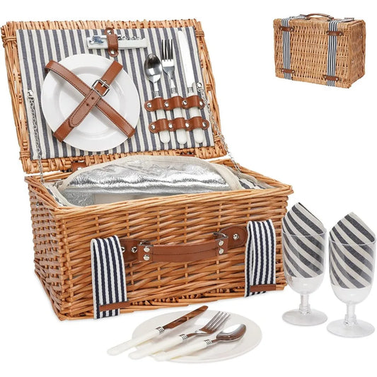 NBVCX Handmade Wicker Picnic Set For Two With Insulated Cooler And Cutlery
