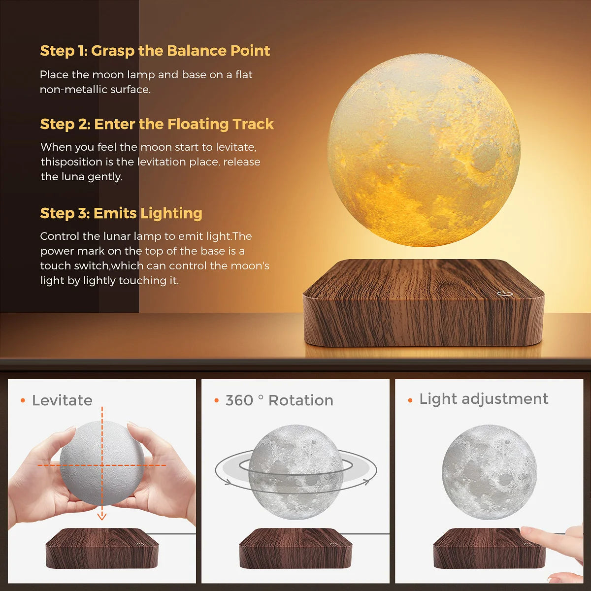 Mexllex Floating Moon Lamp With Base And 3 Color LED