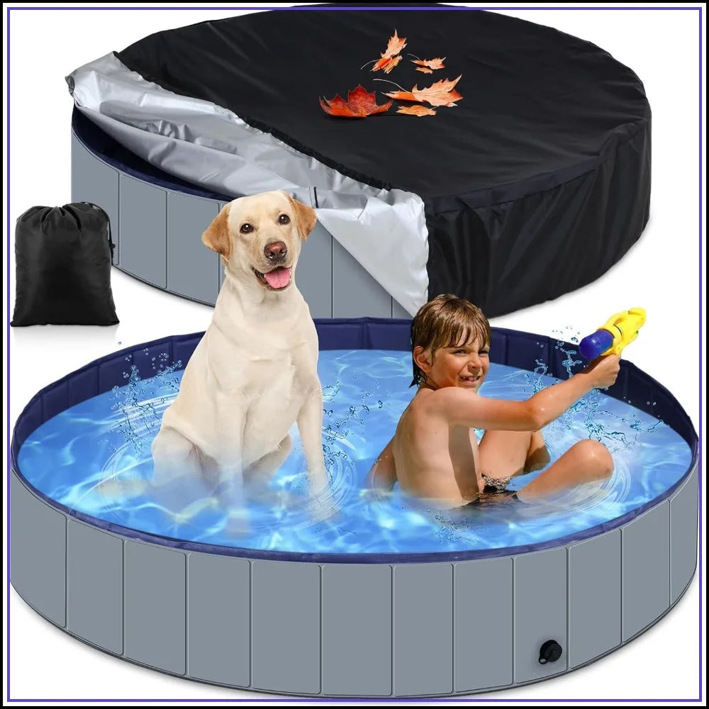 Foldable Dog Pool With Cover Portable Round Plastic Bath Tub