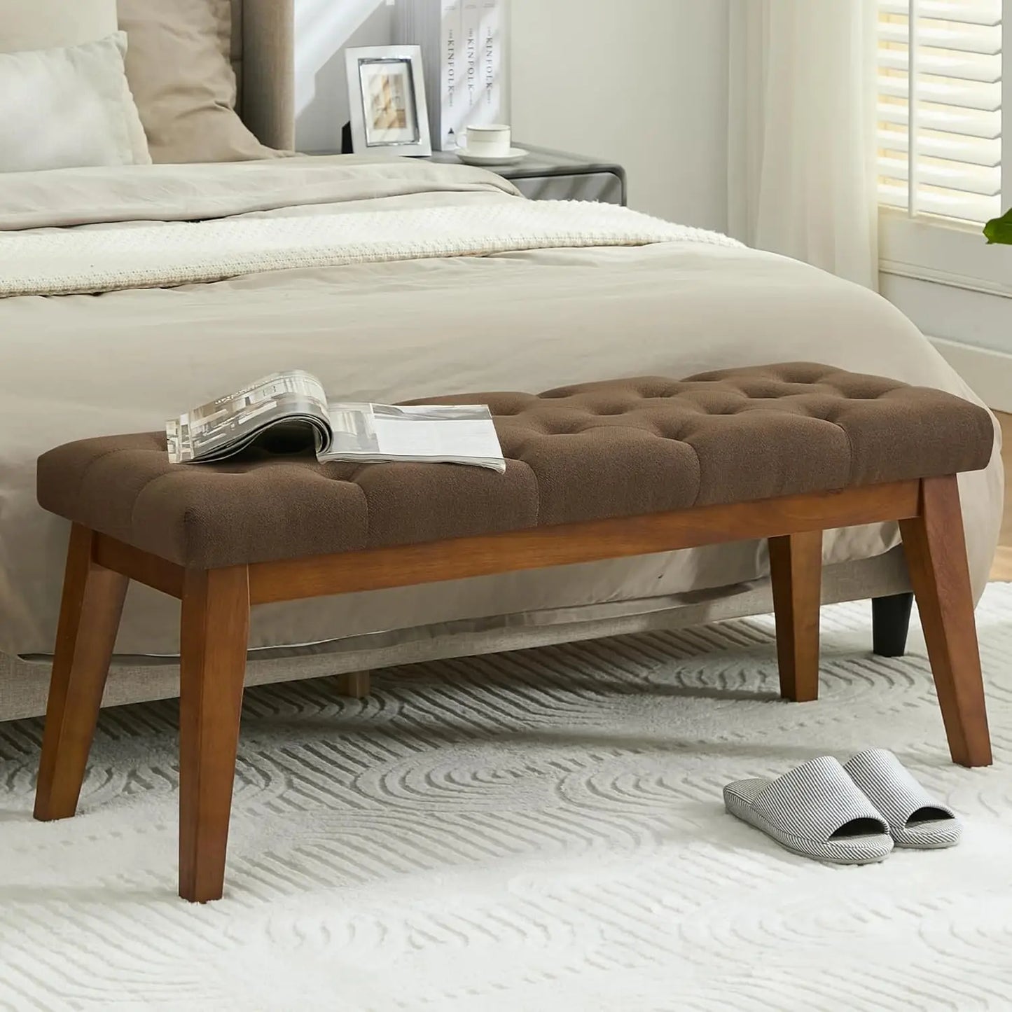 Linen Upholstered Bedroom Bench for End of Bed and Entryway