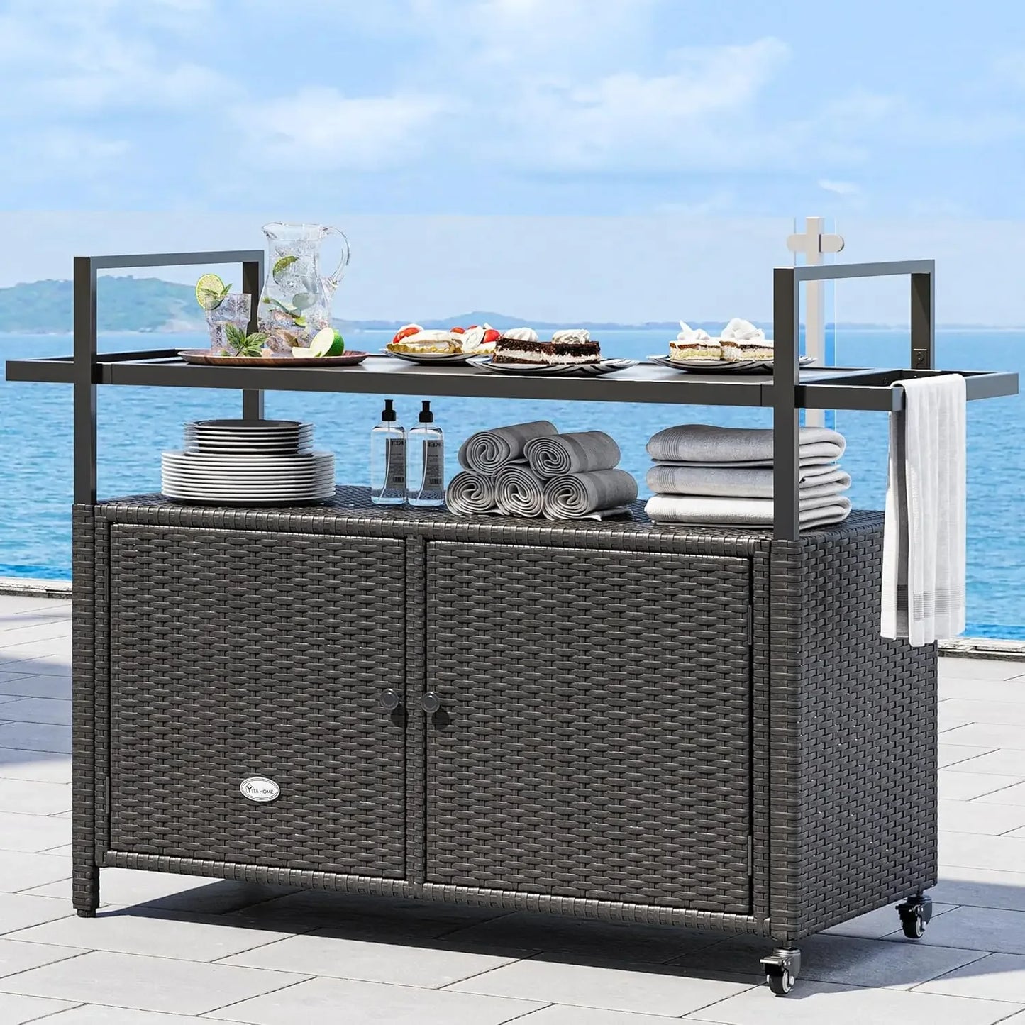Large Outdoor Kitchen Wicker Island Rolling Cart & Patio Bar Table, w/Wheels and Black Glass Table Top Backyard and Poolside Da