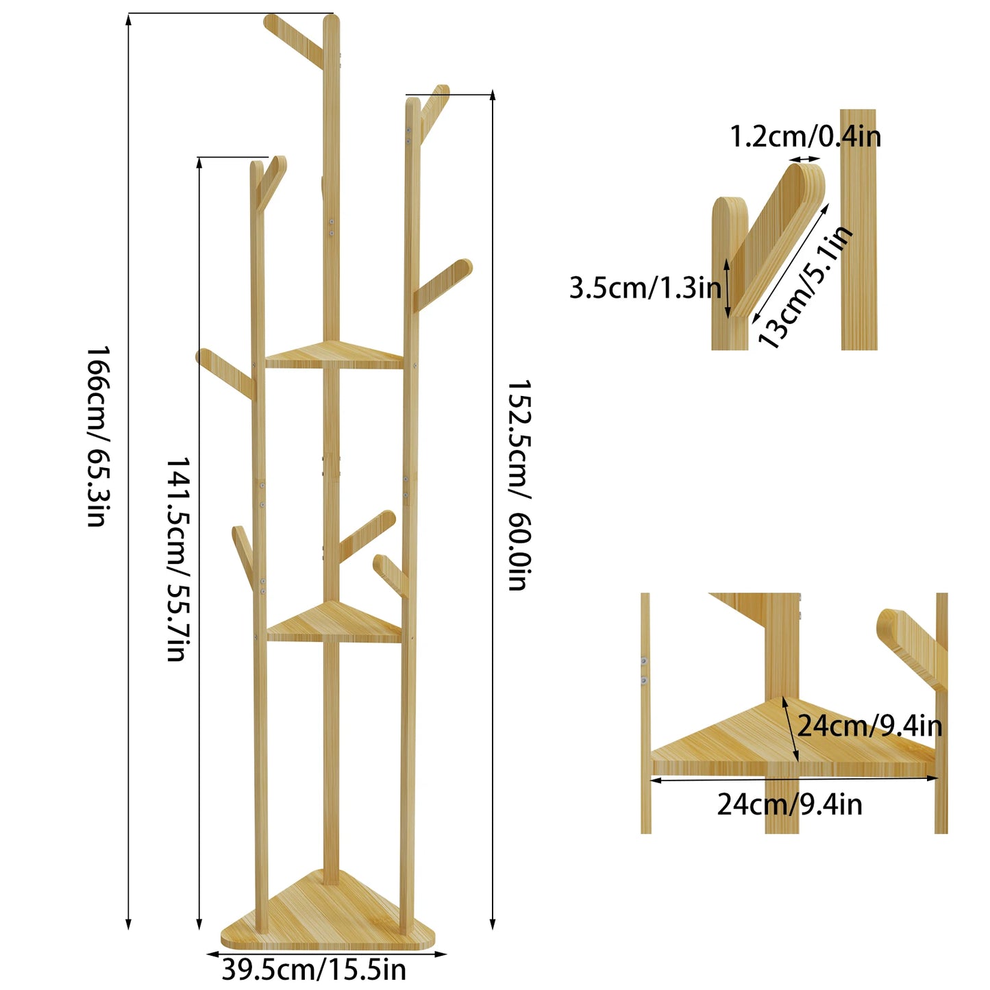 Wisfor Bamboo Corner Coat Rack Stand With Hooks And Shelves