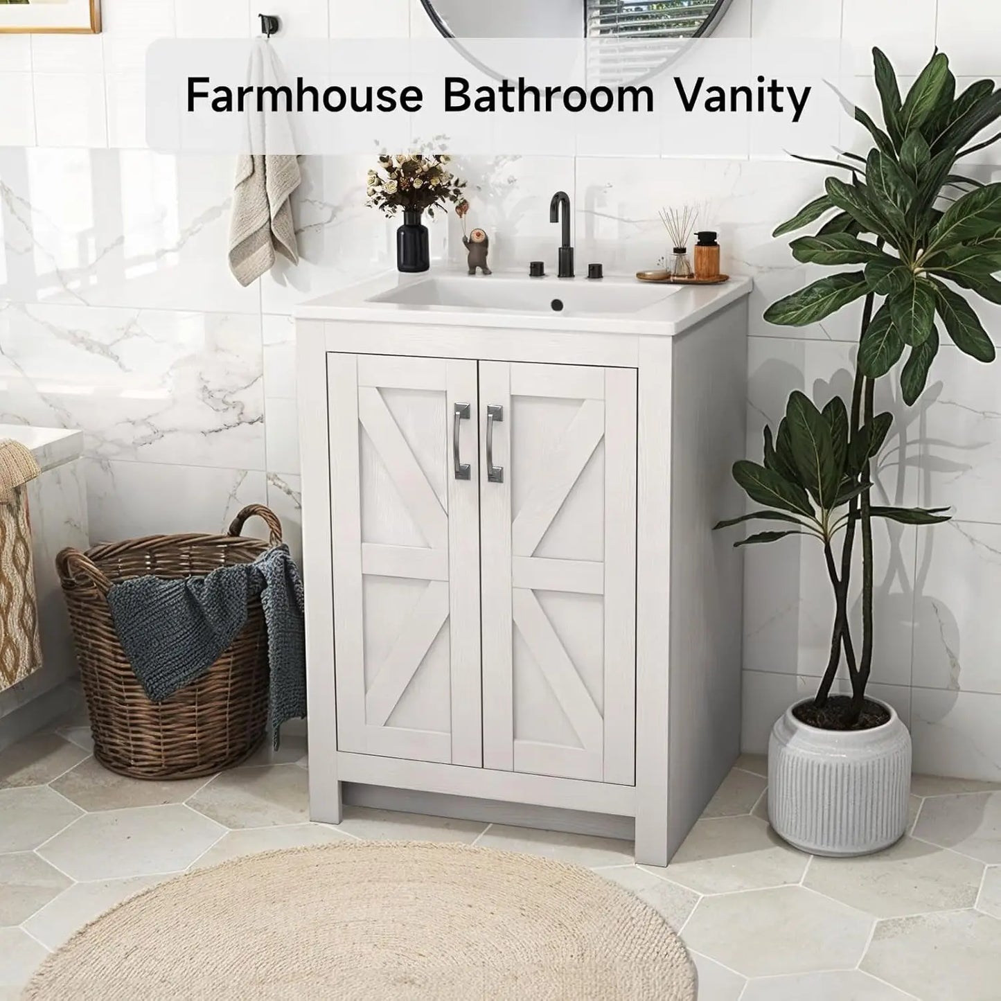 Bathroom Vanity with Ceramic Sink, 24 Inch Bathroom Vanities with 2 Soft-Close Door & Metal Handle, Modern Single, Customized