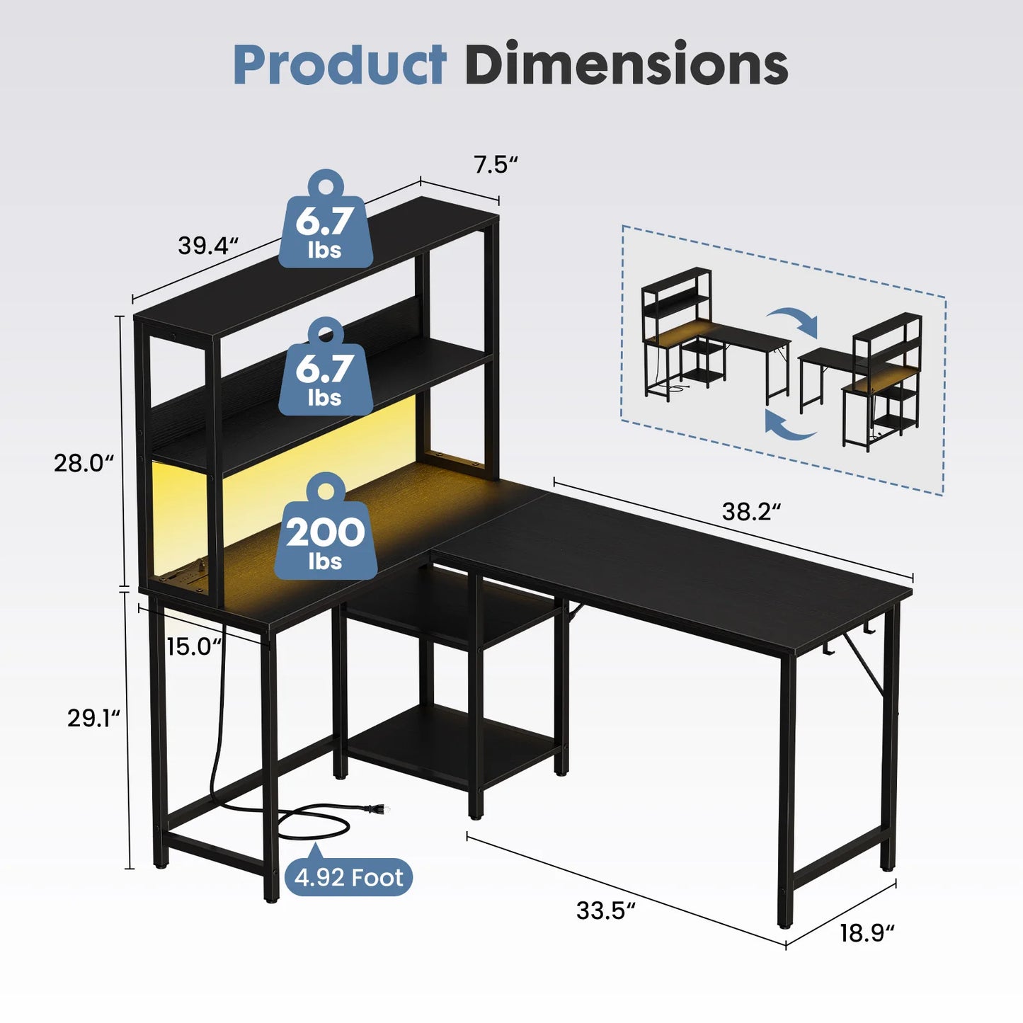 JHK 53 Inch L Shaped Gaming Desk With USB And LED