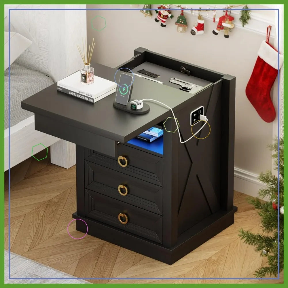 Farmhouse Nightstand With Gun Drawer, Led Lights And Charging Station