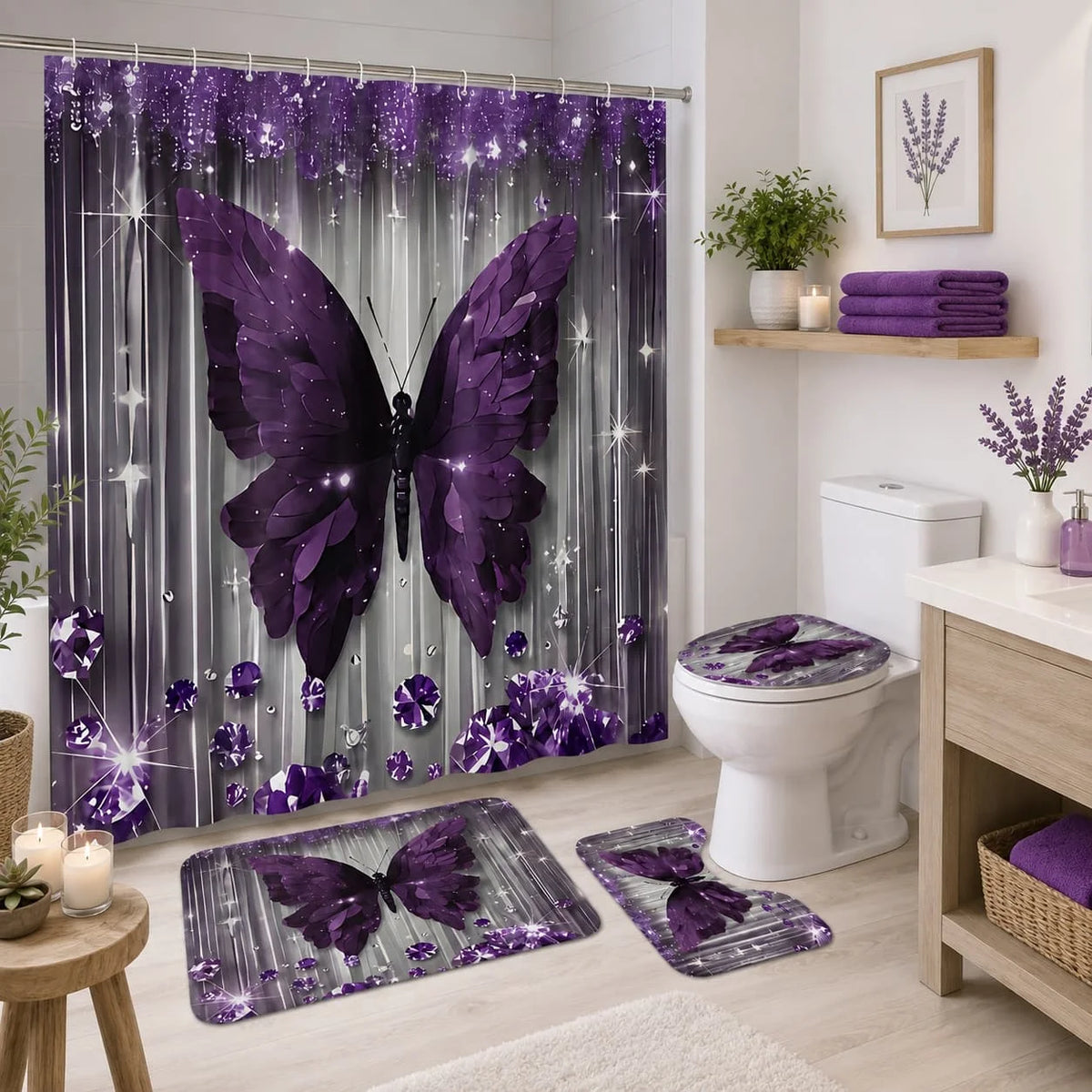 Butterfly Bathroom Set With Shower Curtain Rug And Toilet Cover