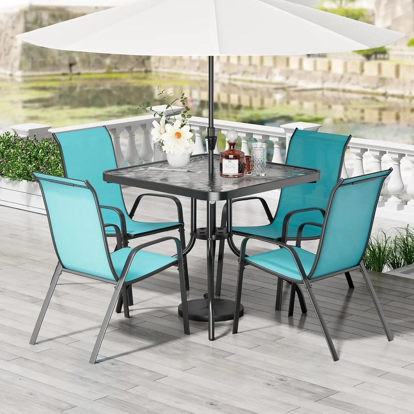 All Weather Patio Dining Set With 4 Stackable Textilene Chairs